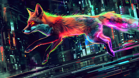 A hyper-realistic depiction of a glowing fox navigating through a neon-lit urban landscape showcasing the harmonious coexistence of nature and technology in a modern cityscapeの素材