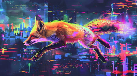 A colorful fox is running through the city in the style of cyberpunk realism surrounded by bright colors and contrasting street lightsの素材