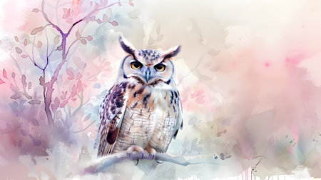 A beautifully detailed watercolor illustration of an owl perched on a branch The soft color blending and photobashing style creates a realistic landscape while the floral background adds a touch of whimsyの素材