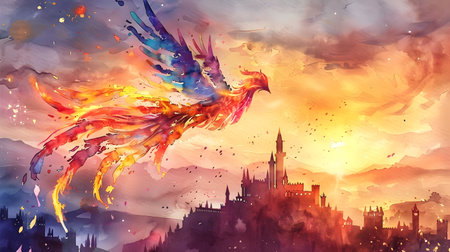 A beautiful watercolor painting of a majestic phoenix in flight over a vibrant and imaginative cityscape in the style of wizardcoreの素材