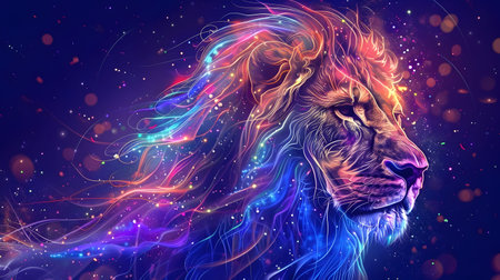 A unique and eye-catching illustration of a colorful lion with a glowing head set against a dark background with cosmic graffiti elements The perfect wallpaper for adding a touch of artistic flair to your deviceの素材