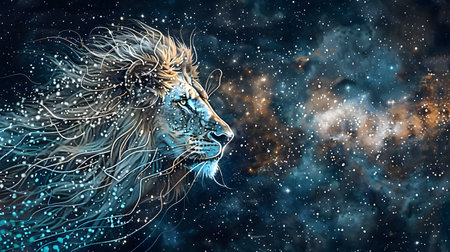 A lion is depicted in various styles with a starry night sky background showcasing its majestic and powerful presence in the galaxyの素材