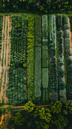 This aerial view of an organic veggie farm features unconventional aspect ratios and a monochromatic palette showcasing the precisionist lines and shapes of the different crop rows in the gardenの素材