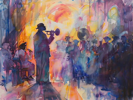 Stunning watercolor and oil paintings of jazz musicians playing the trumpet and trombone, showcasing impressionistic dreamscapes, luminescent lightscapes, and ethereal watercolors These skilled artists capture the passion and improvisation of liveの素材