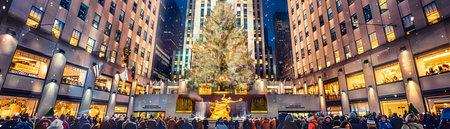 A crisp and playful illustration of the Rockefeller Center Christmas tree in downtown New York, featuring vibrant colors and festive decorations People gather in anticipation, adding to the lively atmosphere of this iconic holiday tradition inの素材