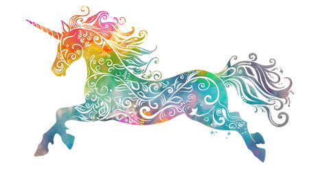 A beautifully illustrated and colorful unicorn in an abstract style with swirling patterns and bright pastel colors on a white background This stylized design is perfect for adding a touch of magic and whimsy to any project and is sure to capture theの素材