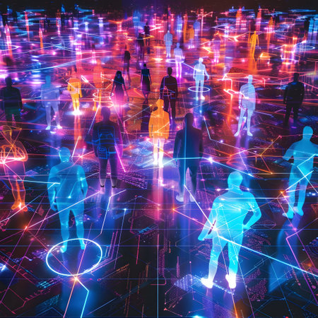 This vibrant showcases a dynamic networking event at the Digital World Economic Forum, where conversational bots facilitate discussions in a virtual reality environment. The scene features 3D modelsの素材