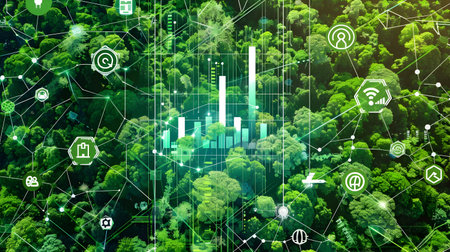 A vibrant and colorful digital display shows an eco-friendly data analysis dashboard, emphasizing the importance of green computing concepts for a sustainable future. The screen is filled with chartsの素材