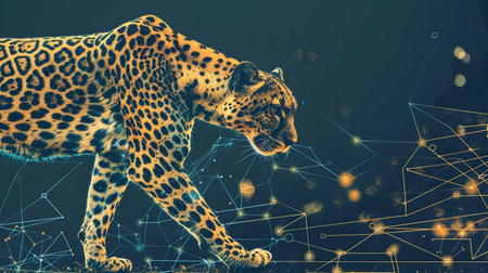 This image depicts a powerful,fiercely rendered big cat,such as a leopard or jaguar,against a dynamic,futuristic backdrop of digital infrastructure The animal's intense gaze and powerful stanceの素材