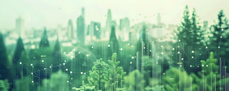 This visually striking image depicts the convergence of eco-driven data analytics and sustainable urban technology The futuristic cityscape is enveloped in a verdant,data-driven landscape,showcasingの素材