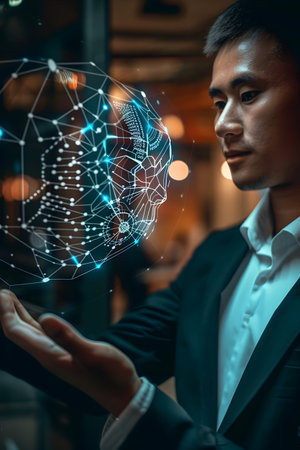 A diverse team of executives and leaders collaborate and brainstorm in a meeting room, analyzing customer feedback data with AI-powered tools to generate innovative business growth strategies. Theの素材