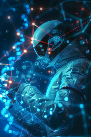 A captivating scene from a medical lab showcases the perfect harmony between artificial intelligence and nanomedicine, combining forces to target diseases at the molecular level. This powerfulの素材