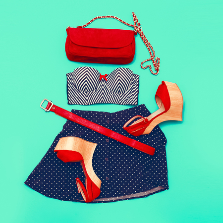 Marine fashion style. Set clothes lady. Stylish accessories & Shoesの写真素材