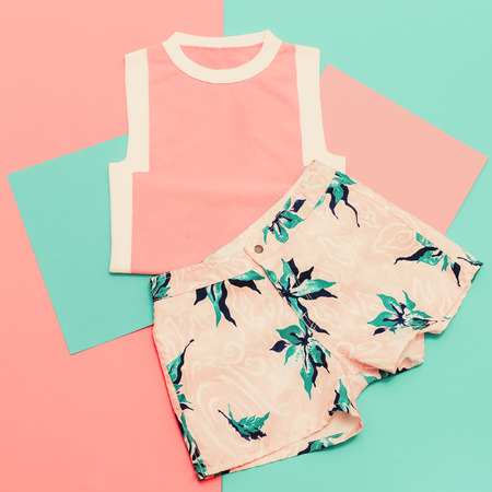 Lady set. Vanilla summer style. Trendy T-shirt and shorts.