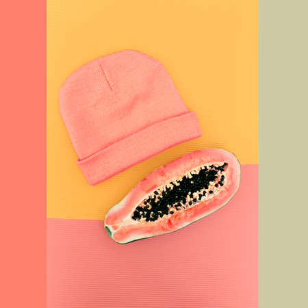 Tropical Mix. Papaya and stylish hat. Vanilla color trendの写真素材