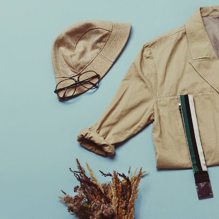 Autumn Vintage Clothing. Panama and jacket. Fashionable accessories. Beige color trendの写真素材