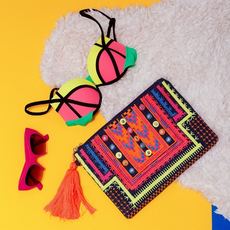 Beach Set. Come back summer. Fashion Swimsuit and Clutch.の写真素材