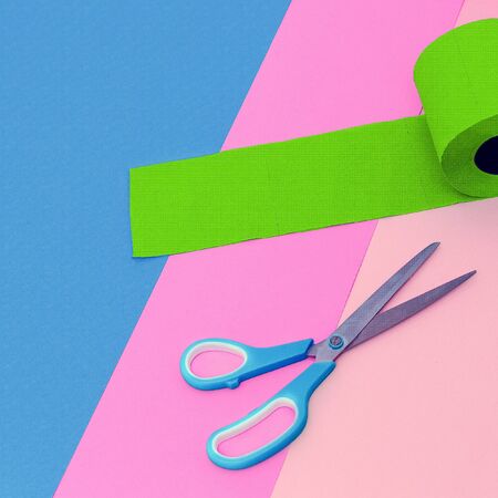 Green toilet paper and scissors. Fashion minimalism set