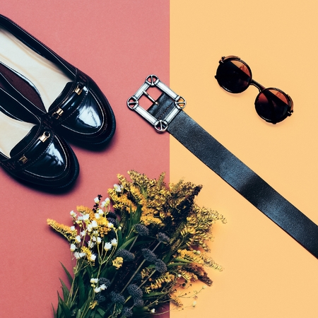 Fashion accessories for ladies. Glasses, belt, shoes. Stylish autumn season.の写真素材