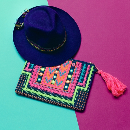 Women's fashion accessories. Felt hat and Clutch. Bright Autumn.の写真素材