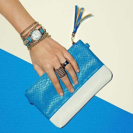 Trendy Jewelry and stylish clutch. Summer Lady fashion.の写真素材