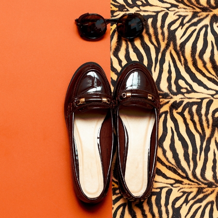 Autumn Arrives. Stylish Moccasins and Vintage Glasses for Lady. minimal fashionの写真素材