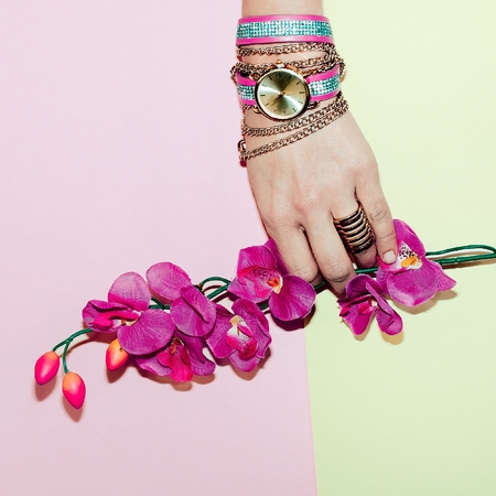 Stylish Lady accessory. Glamorous watch. Minimalism fashion