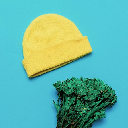 Yellow cap on a blue background. Urban Style. minimalismの写真素材