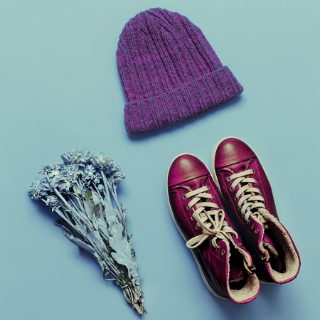 Urban Style fashion. Sneakers and knitted cap.の写真素材