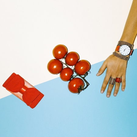 Stylish red Accessories Ladies. Watch Belt, Bracelets and Ringsの写真素材