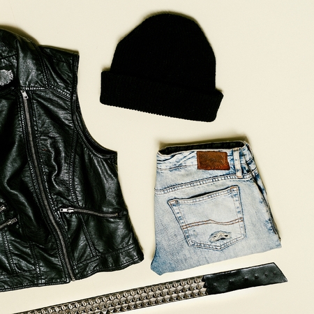 Black fashion set. Black Vest and black accessories. Beanie Urban style SWAG Rock styleの写真素材