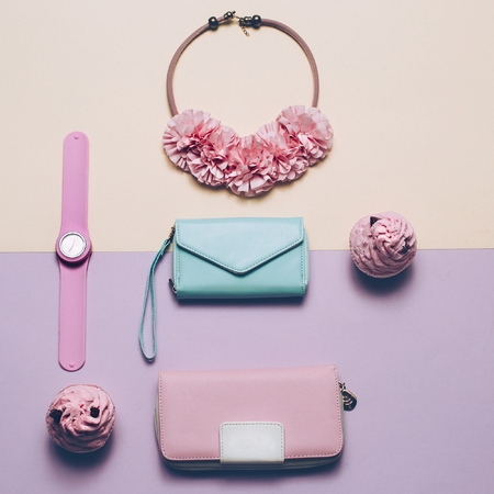 Ladies Fashion Accessories. Wallet, watch, necklace. Pastel colors Trend Minimalの写真素材