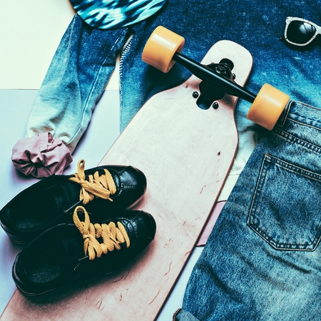 Set Fashion Denim clothing and accessories Cap Skateboard Sneakers Sports styleの写真素材