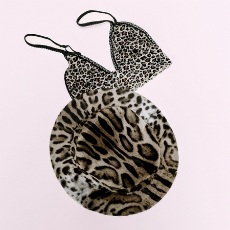 Set Animal print. Fashionable leopard bra and hat. Focus on the details. sexy cheeky look for Ladyの写真素材
