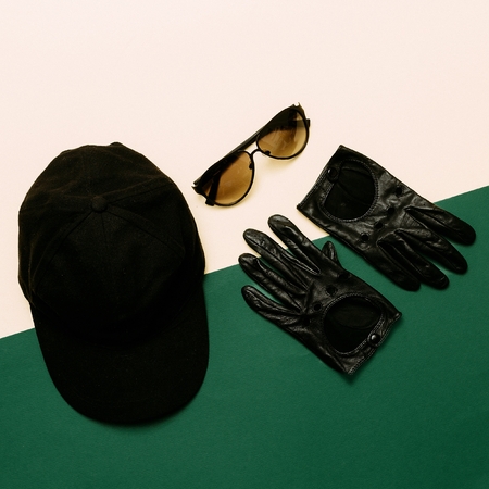 Set cap, gloves, sunglasses. military styleの写真素材