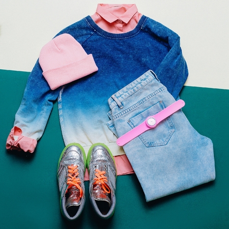 Urban Outfit Trendy sportswear. Denim clothing, shoes, fashion accessoriesの写真素材