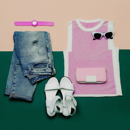 Stylish Summer Set. Fashionable clothing and accessories. Minimal style geometryの写真素材