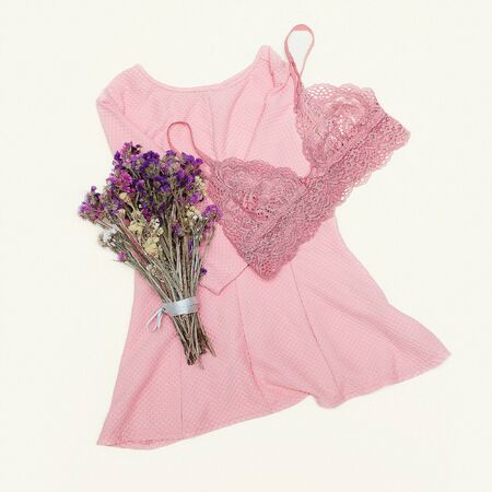 Fashion concept. Stylish underwear. Details. Bra. Lace. Vintage. Pink vibration clothingの写真素材
