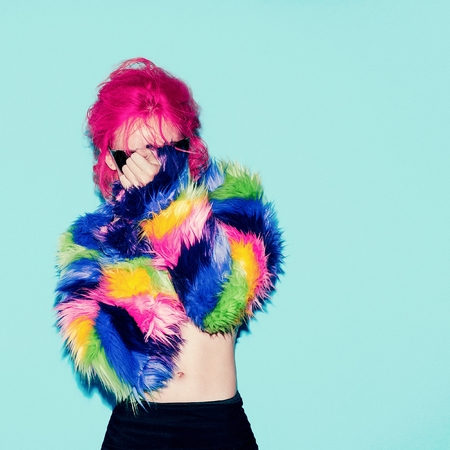 Party Time. Sensual Girl with pink Hair and fashion fur coat. Be specialの写真素材