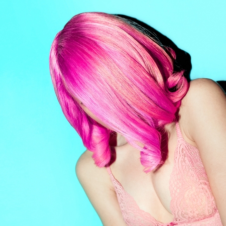 Sensual lady in lace underwear. Pink hair trendの写真素材