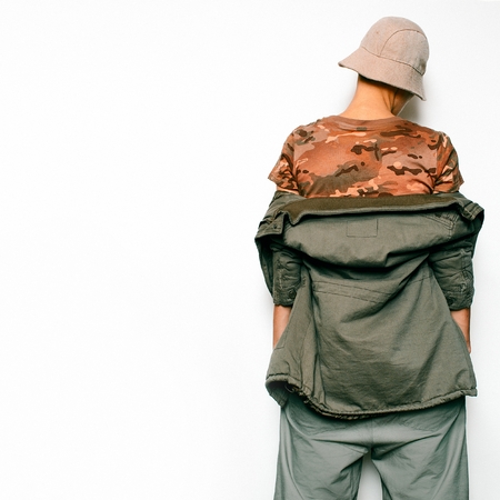 Military Fashion Style. Urban Hipster Fashion Model Dancer