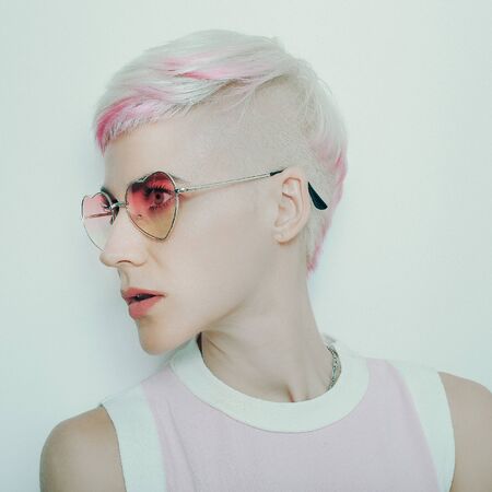 Blonde Lady with trendy hairstyle. Vanilla fashionの写真素材