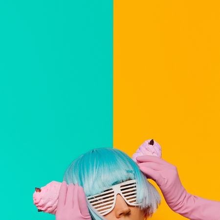 Girl with cake Creative minimalism Sweet Vibration color fashionの写真素材