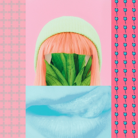 Trash Fashion Collage. Pandas, plant, girl, lipsの写真素材