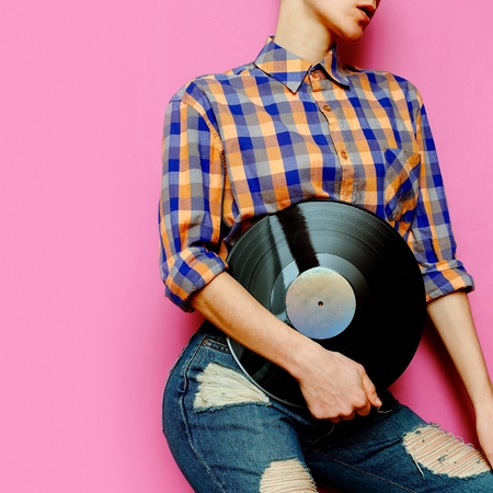Country style fashion. Fashion Accessory Vinyl. Plaid shirt and jeansの写真素材