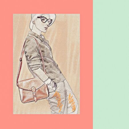 Vintage Fashion Model Illustration Beige classic costume and stylish Accessories. gloves. Glasses, hat. Red Bag. Fashion concept. Glamor and retro timeの写真素材