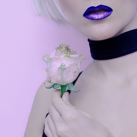 Sexy Blonde Model stylish haircut and makeup necklace velvet Choker Outfitの写真素材