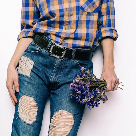 Country Girl Summer fashion style. Accessories. classic blue jeans, checkered shirt, beltの写真素材
