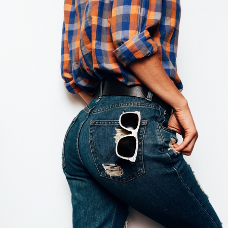 Country style fashion Summer. Accessories. Fashionable sunglasses. classic blue jeans, checkered...