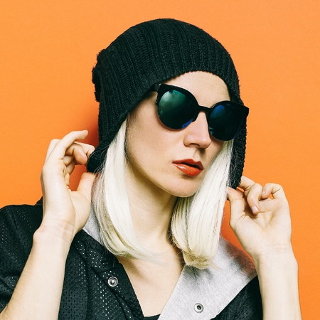 Lady Fashion Swag beanie.Glamorous Sunglasses. Fall Winter Seasonの写真素材